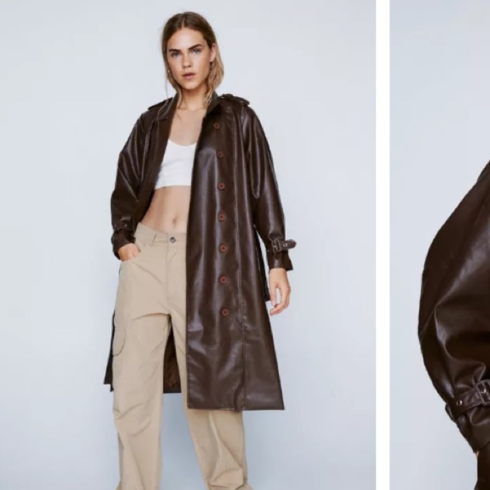 Faux Leather Belted Trench Coat